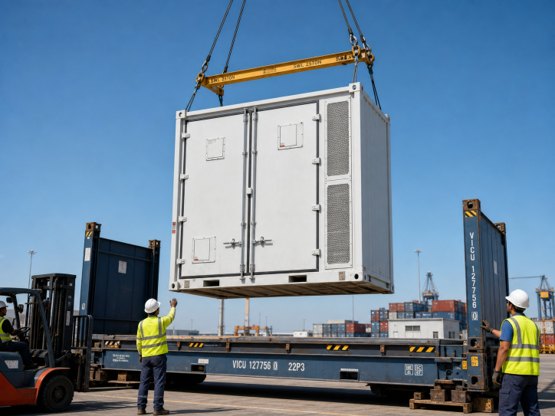 10 ft BESS container being lifted onto a trailer